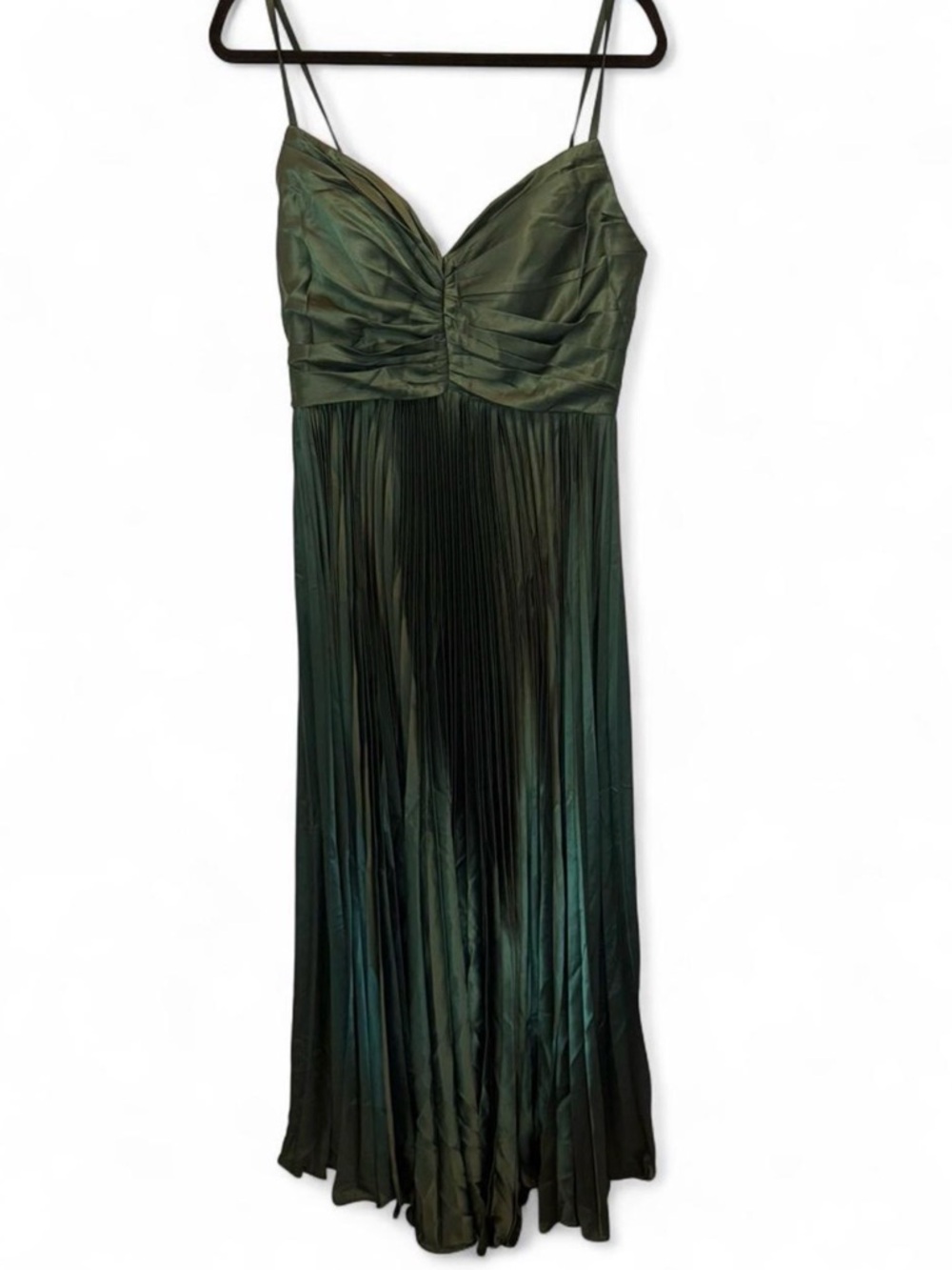 Elegant Forest Green Pleated Spaghetti-Strap Dress